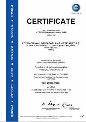 ISO 22000-2005 Certificate - Koyuncu Salt
