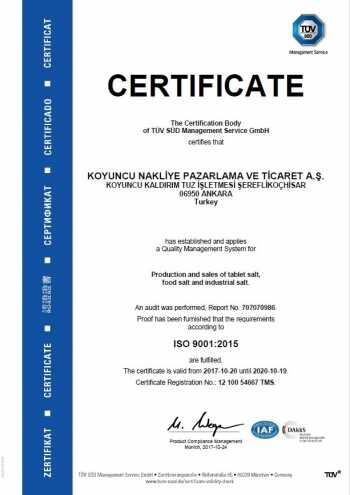 ISO 9001:2015 Certificate - Koyuncu Salt